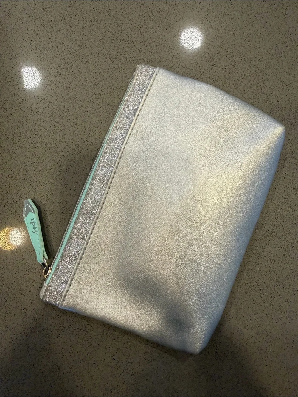 Ipsy Silver Metallic Cosmetic Bag Glitter Trim Mint Zipper Makeup Pouch Travel
